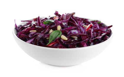 Photo of Fresh red cabbage salad in bowl isolated on white