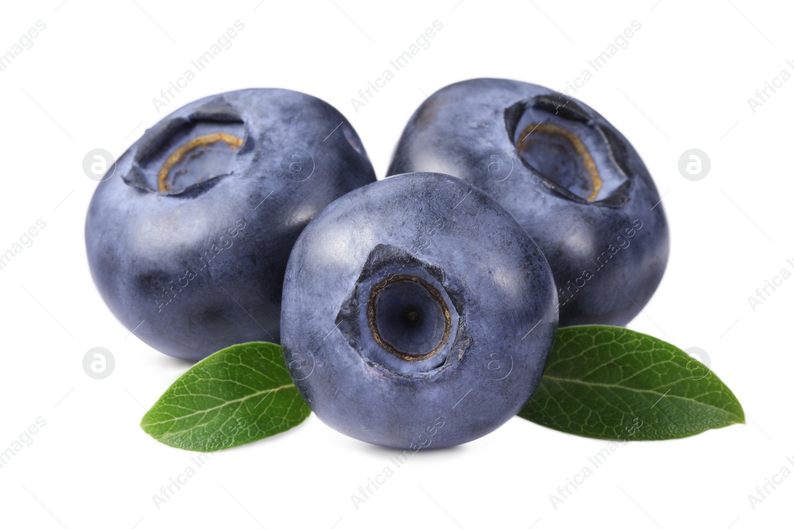 Photo of Fresh ripe blueberries and leaves isolated on white