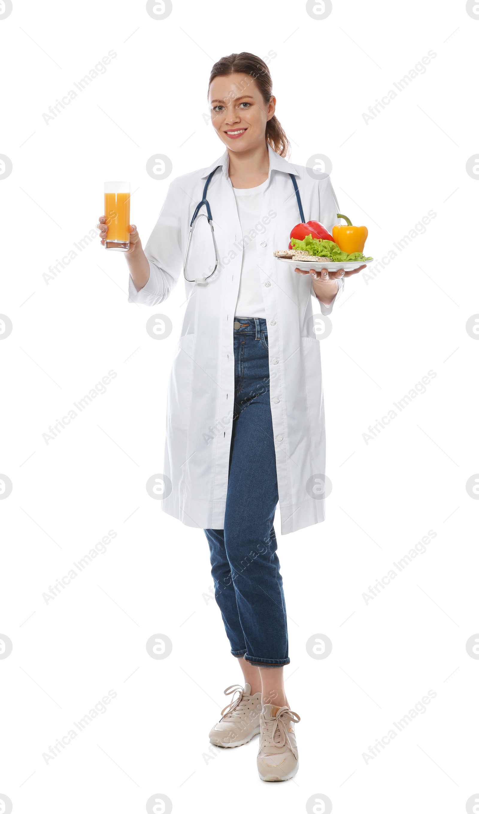 Photo of Nutritionist with glass of juice and healthy products on white background