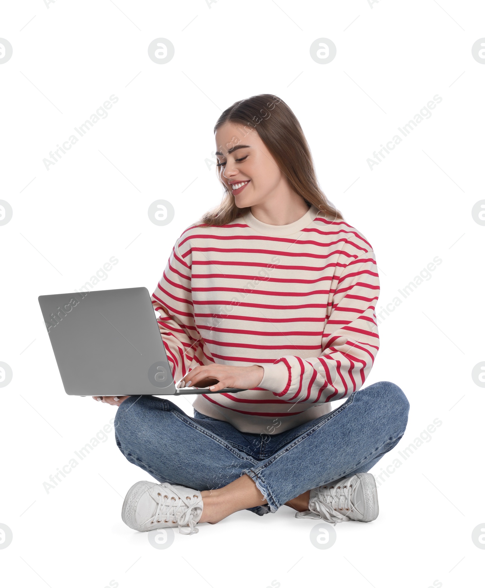 Photo of Happy woman with laptop on white background