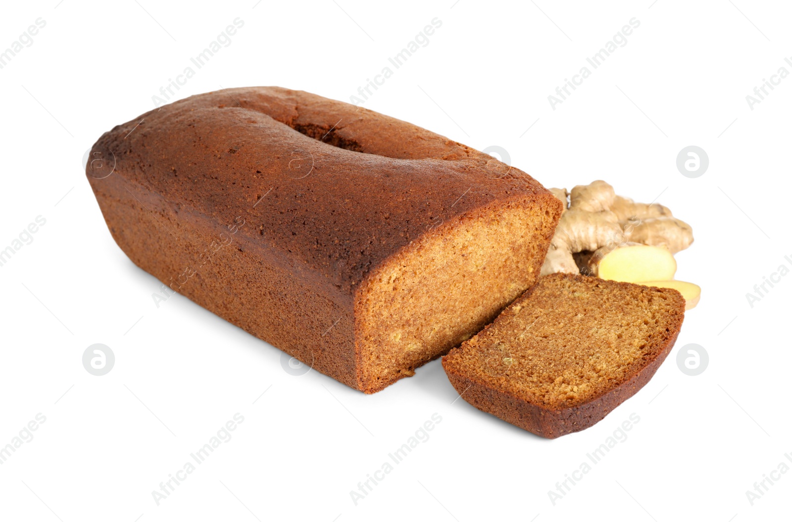 Photo of Delicious gingerbread cake and ginger on white background