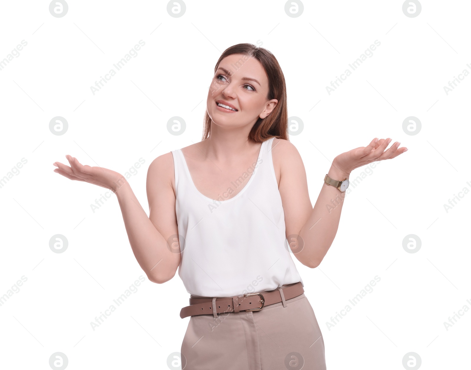 Photo of Beautiful emotional businesswoman posing on white background