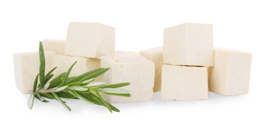 Photo of Delicious tofu and rosemary on white background