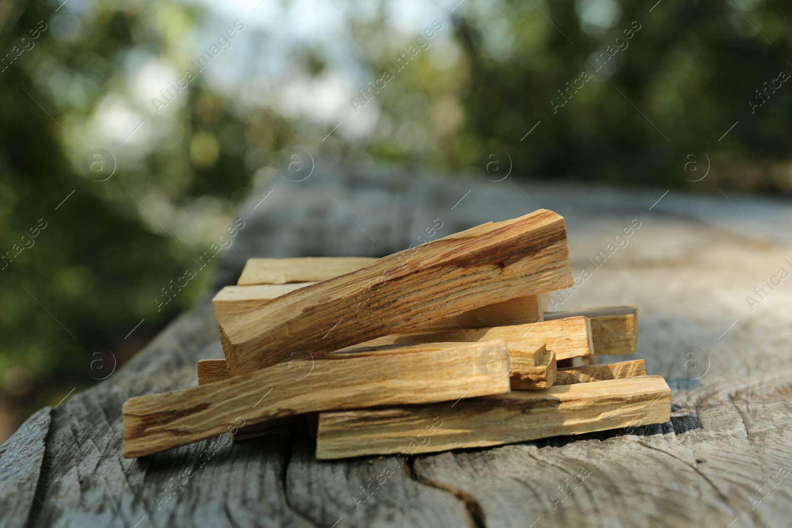 Photo of Palo santo sticks on wooden table outdoors, closeup