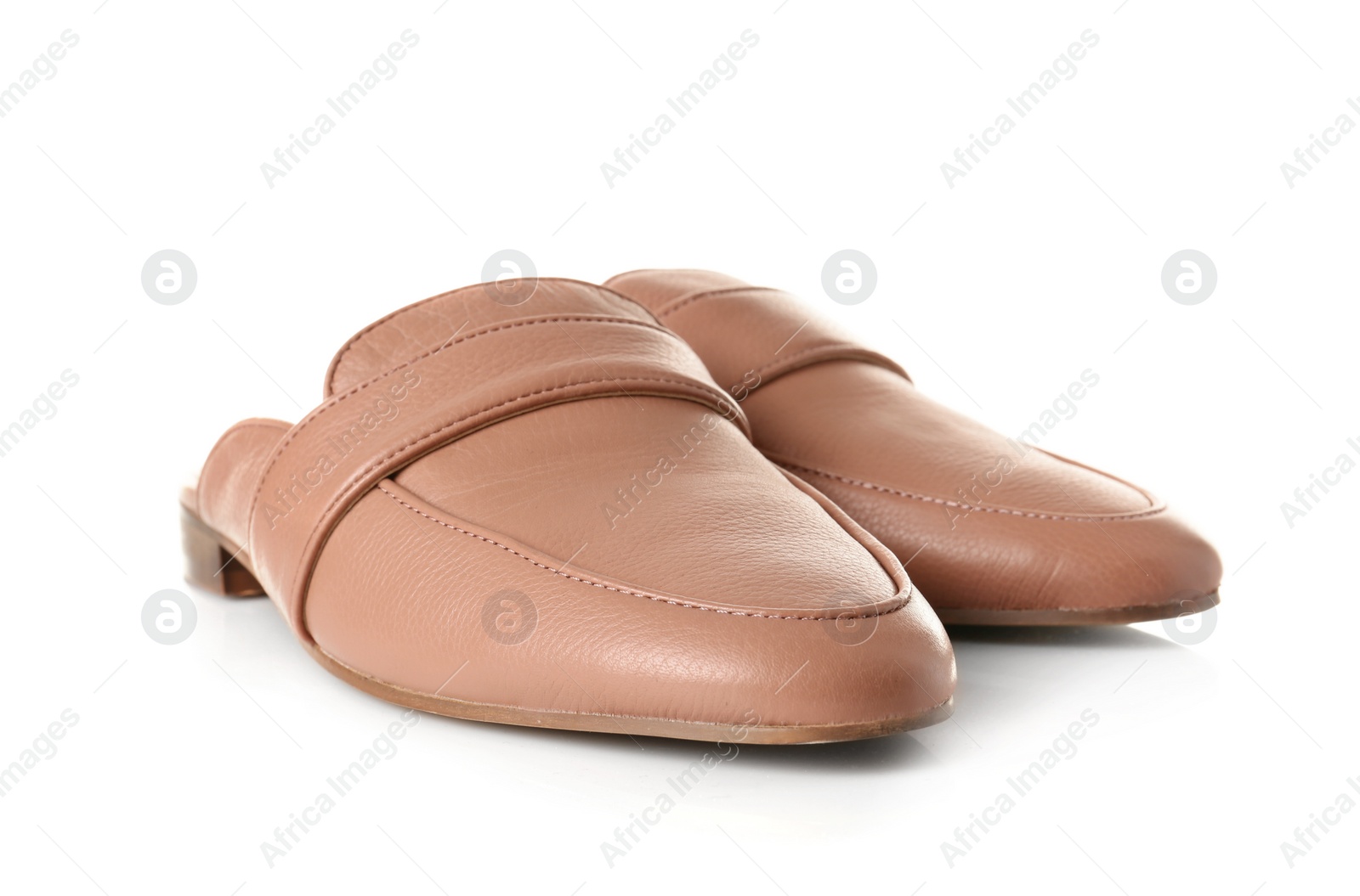 Photo of Pair of female shoes on white background