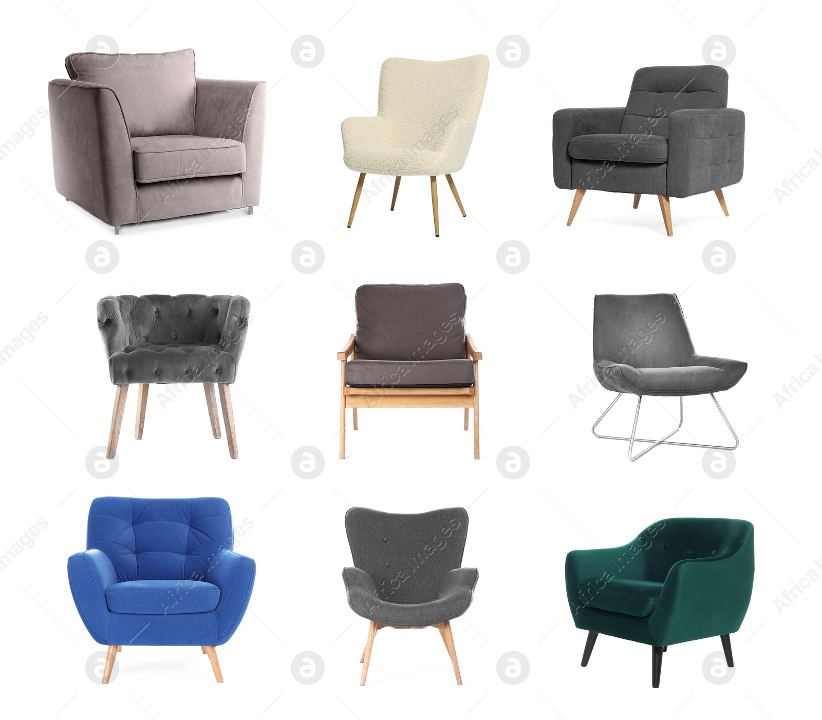 Image of Different comfortable armchairs isolated on white, set