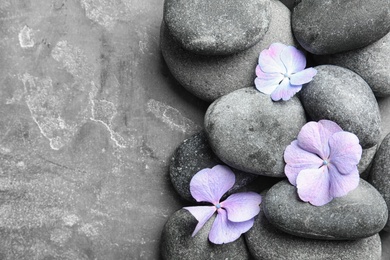 Zen stones and exotic flowers on grey background, top view with space for text