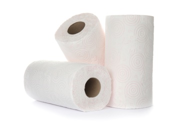 Photo of Rolls of toilet paper on white background