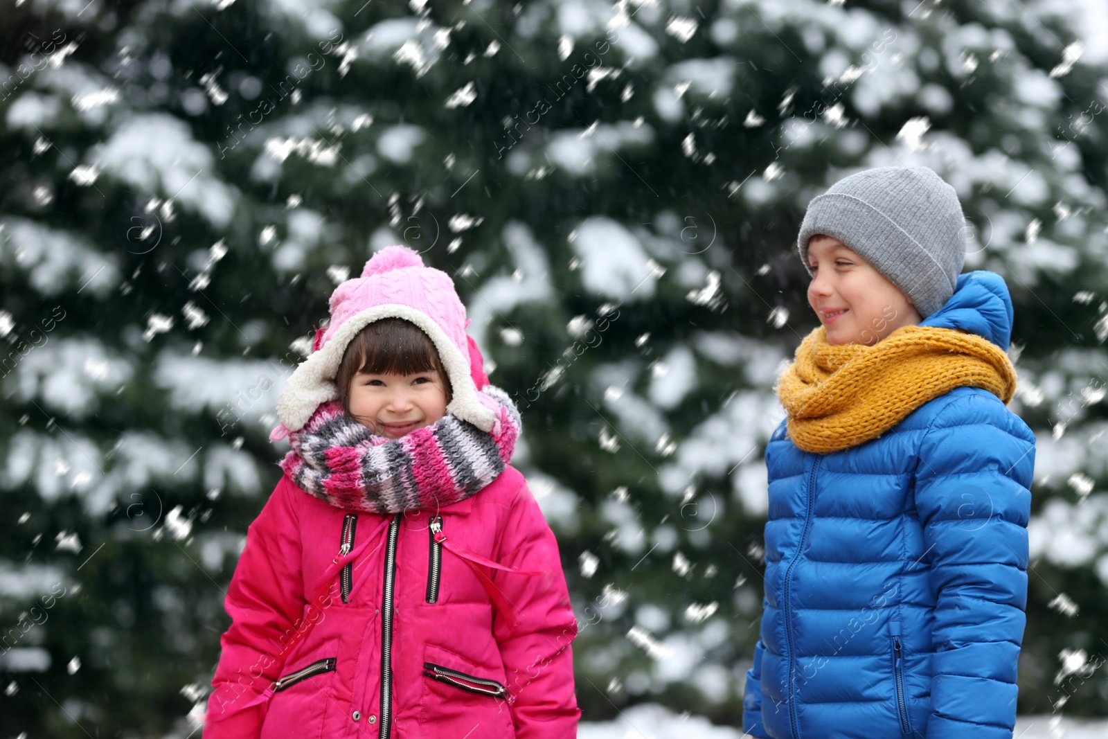 Photo of Happy children in warm clothing outdoors on snowy day