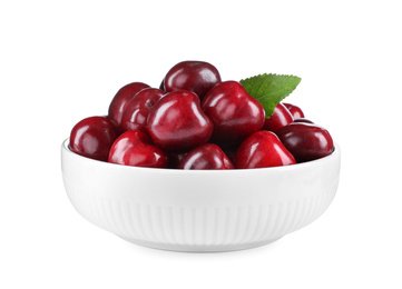 Photo of Tasty ripe red cherries in bowl isolated on white