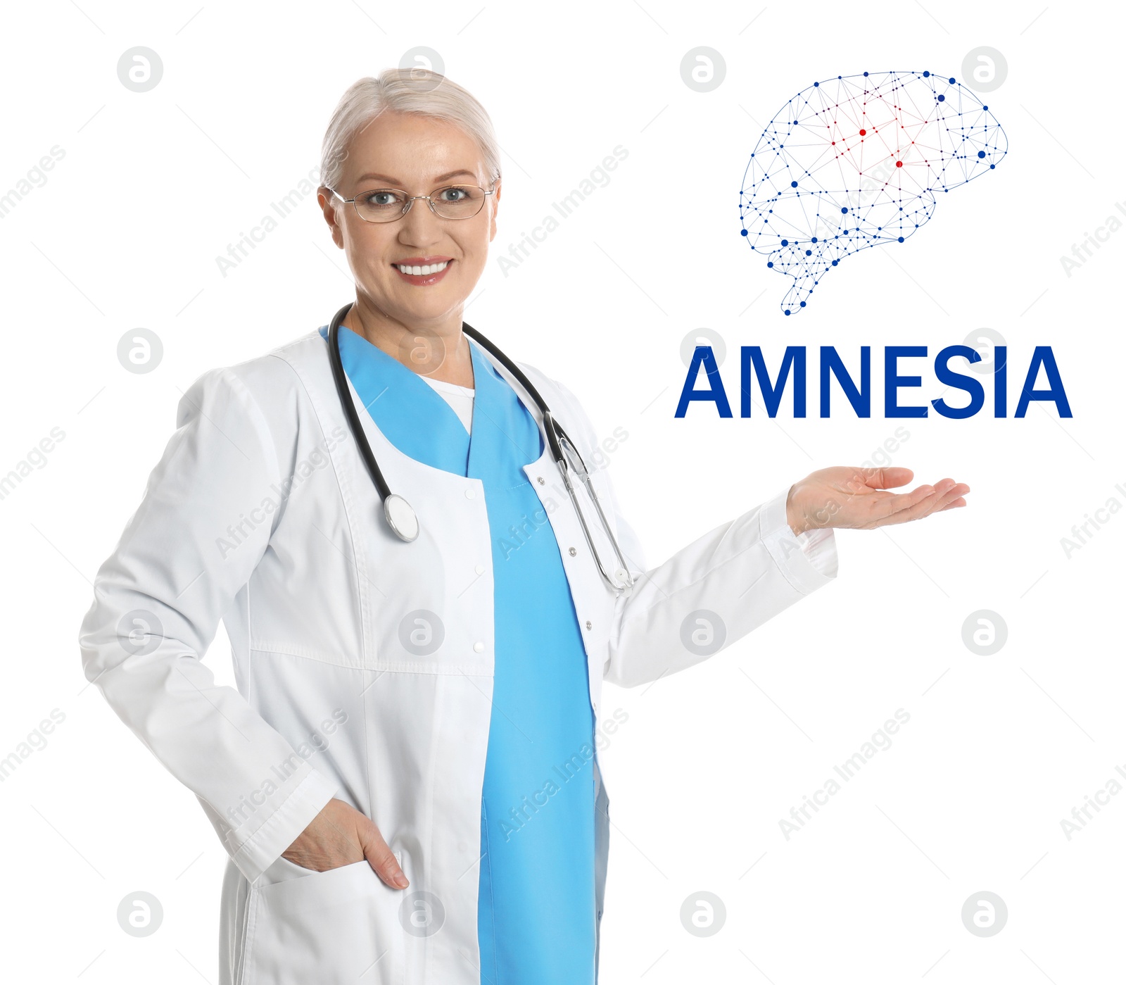 Image of Amnesia therapy. Mature doctor pointing at human brain illustration on white background