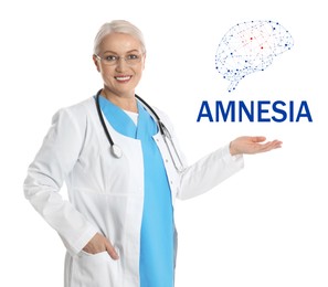 Image of Amnesia therapy. Mature doctor pointing at human brain illustration on white background