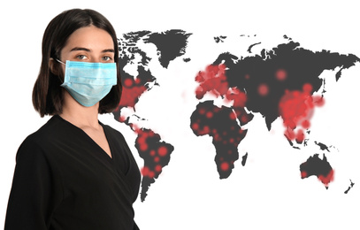 Image of Woman with medical mask and world map showing spreading of coronavirus on white background