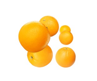 Fresh ripe oranges flying on white background