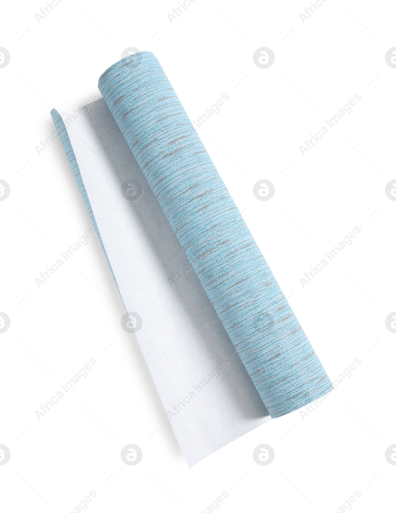 Photo of One light blue wallpaper roll isolated on white, top view