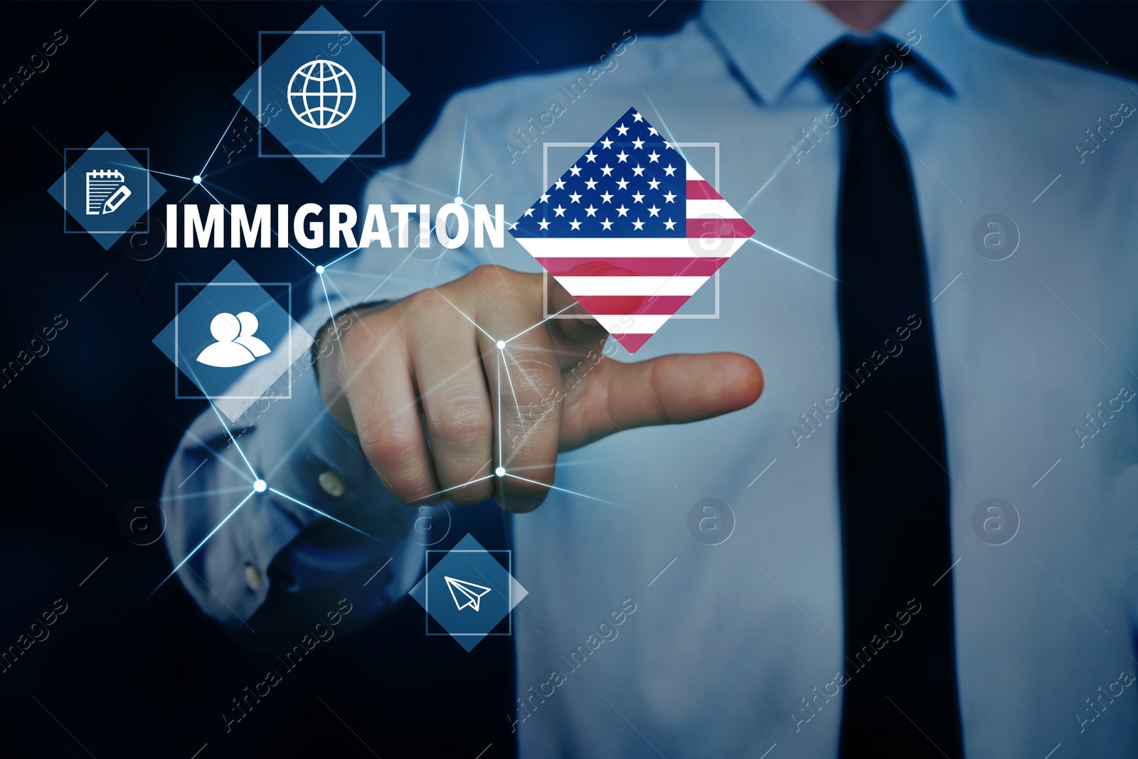 Image of Immigration. Businessman touching digital screen with icons, word and flag of America on dark blue background, closeup