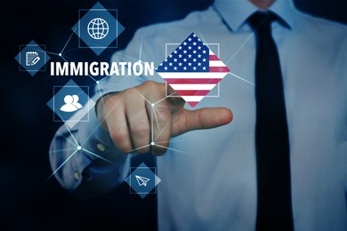 Image of Immigration. Businessman touching digital screen with icons, word and flag of America on dark blue background, closeup