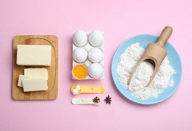 Photo of Cooking utensils and ingredients on pink background, flat lay