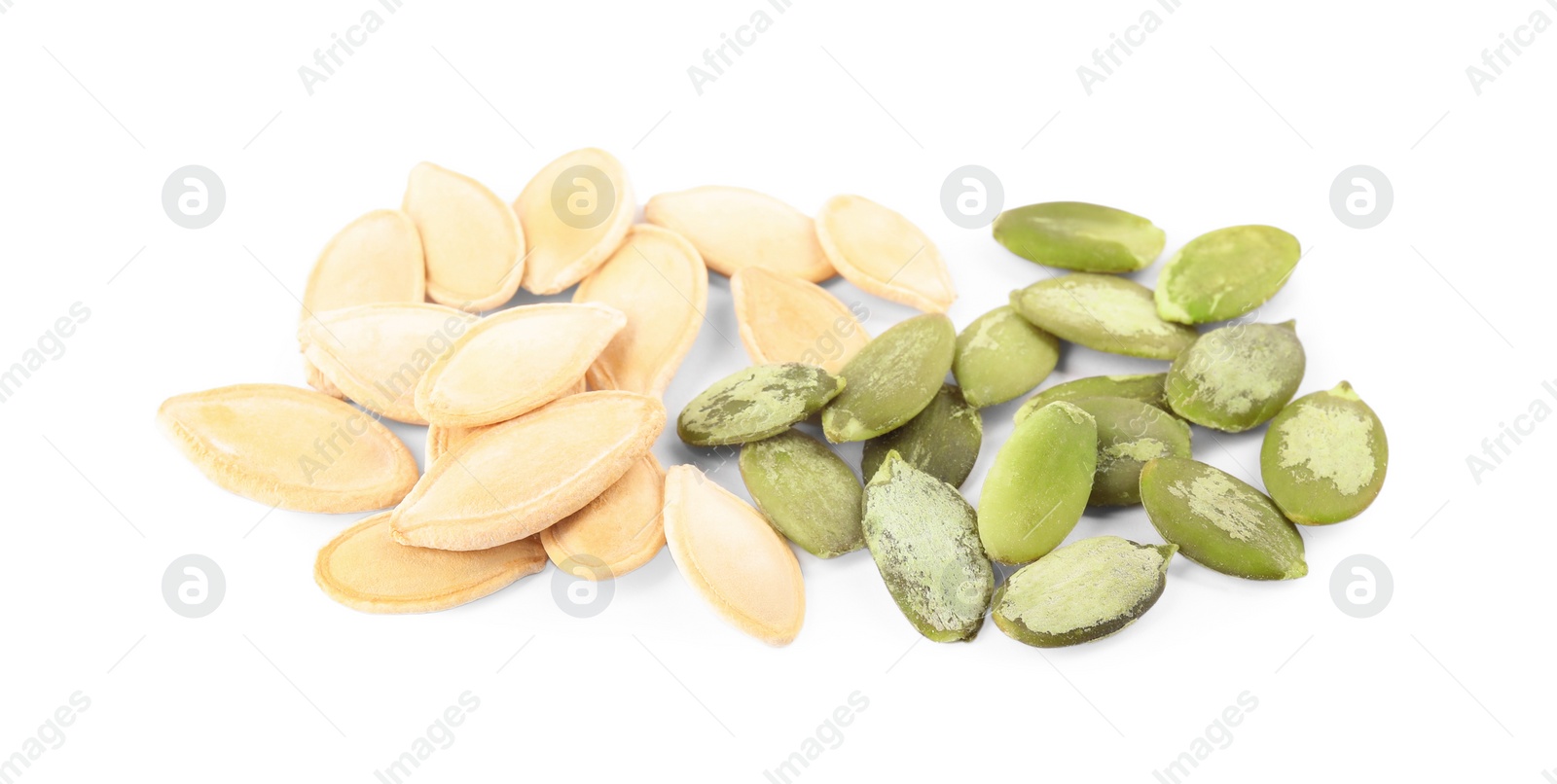 Photo of Pile of raw pumpkin seeds on white background, top view