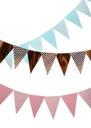 Rows of triangular bunting flags on white background. Festive decor