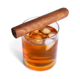 Photo of Glass of whiskey and cigar isolated on white