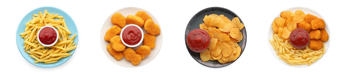 Image of Set of different snacks served with ketchup on white background, top view