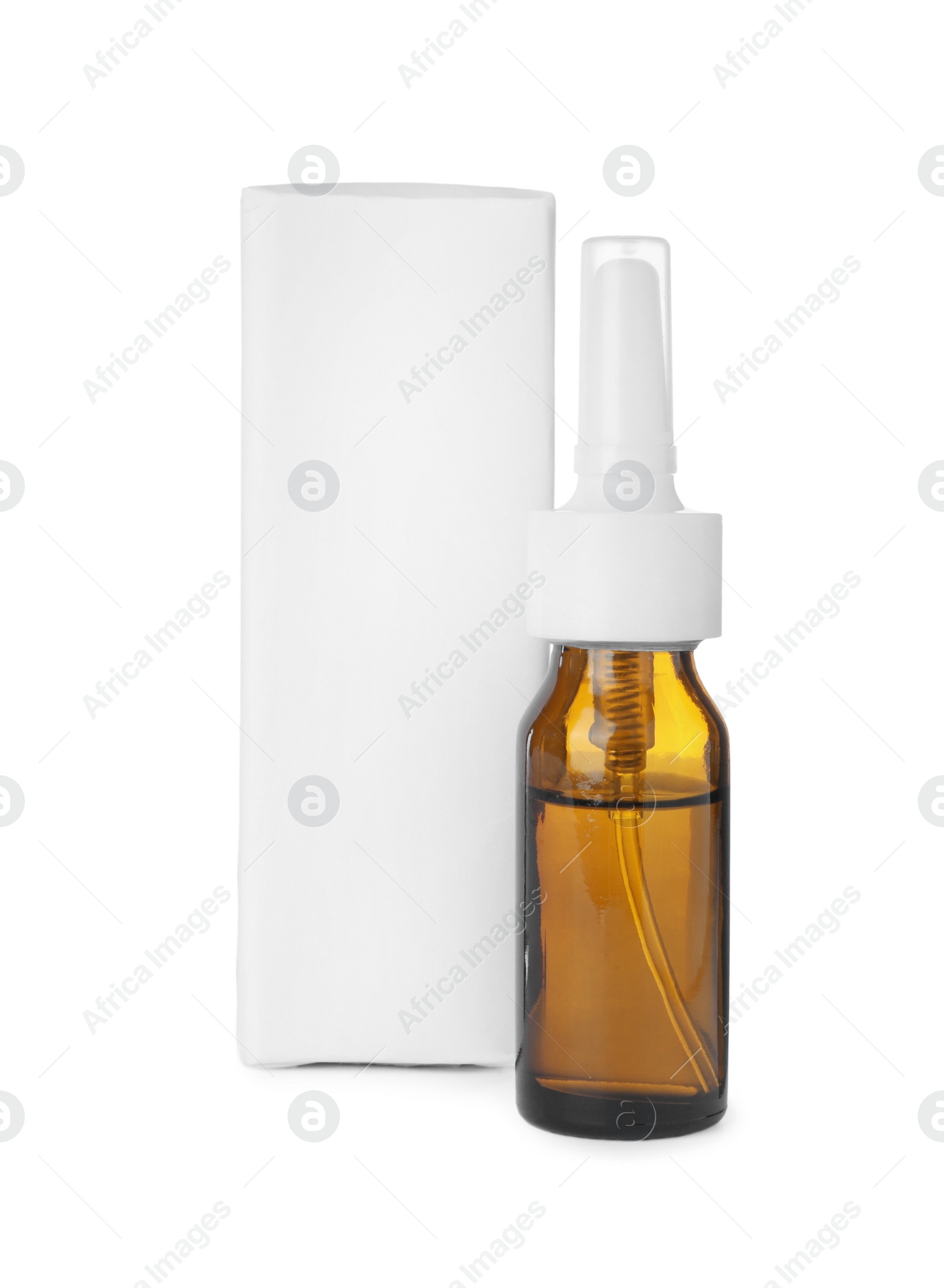 Photo of Bottle of nasal spray isolated on white