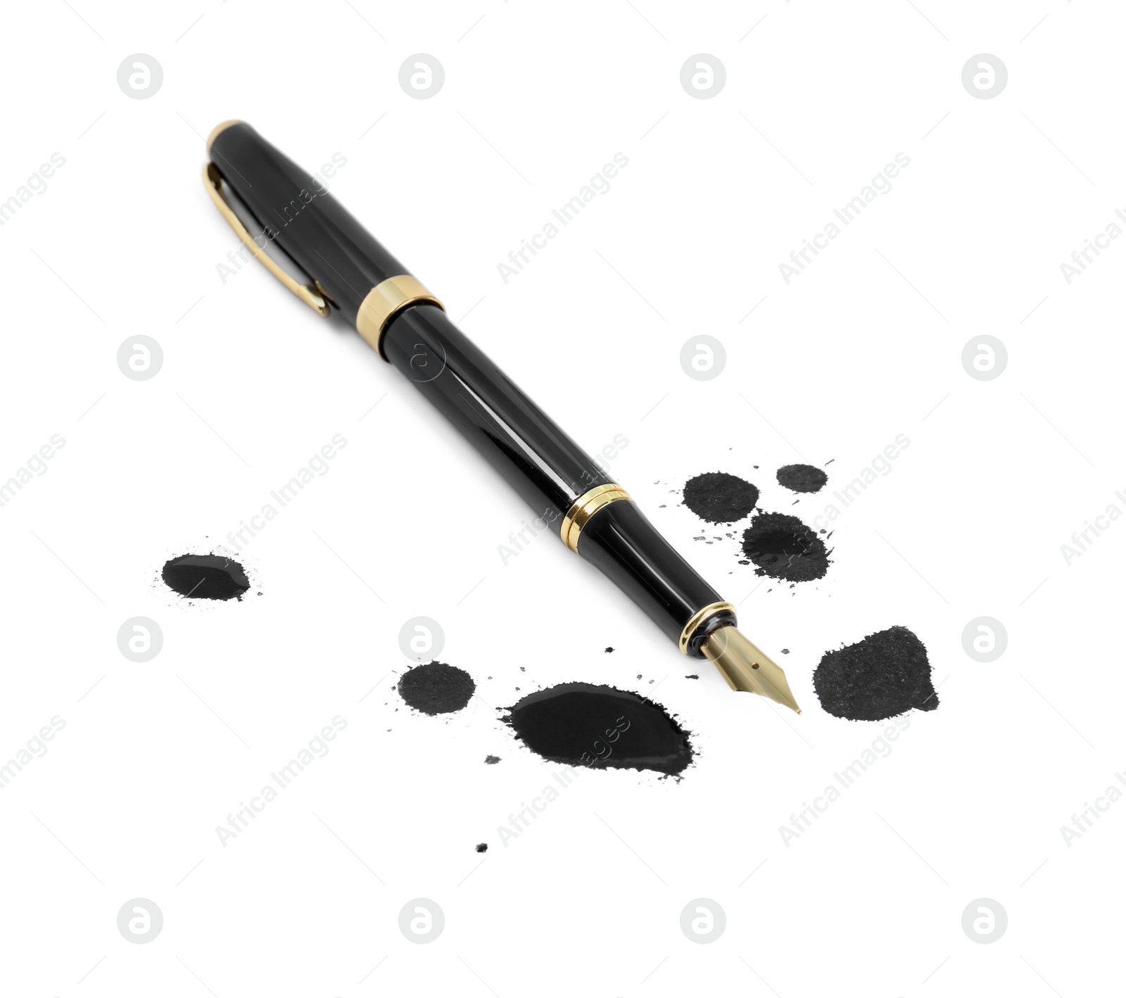 Photo of Stylish black fountain pen and blots of ink isolated on white