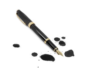 Photo of Stylish black fountain pen and blots of ink isolated on white