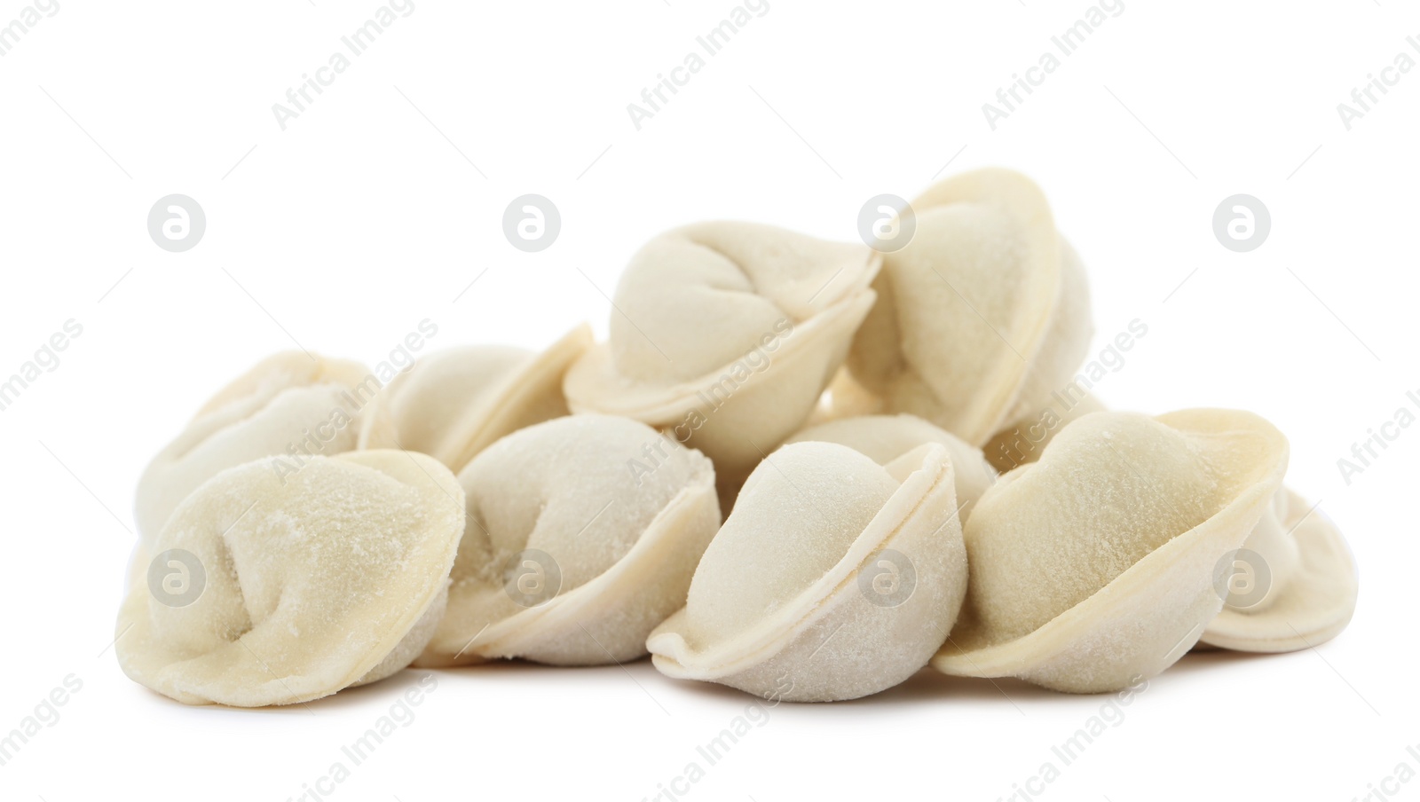 Photo of Heap of raw meat dumplings on white background