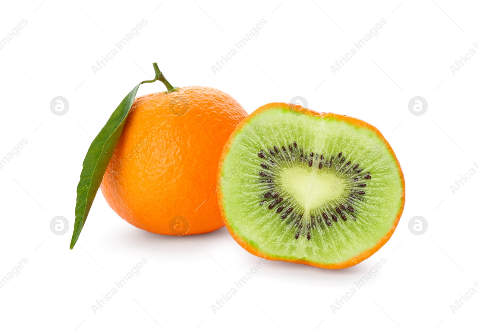 Image of Genetically modified tangerines with kiwi on white background