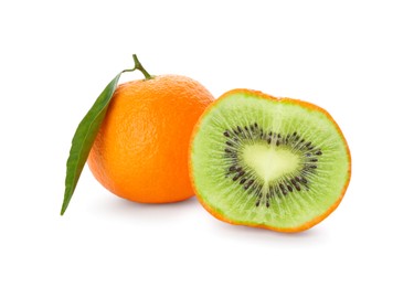Genetically modified tangerines with kiwi on white background