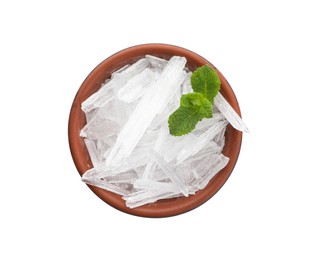 Photo of Menthol crystals and mint leaves on white background, top view