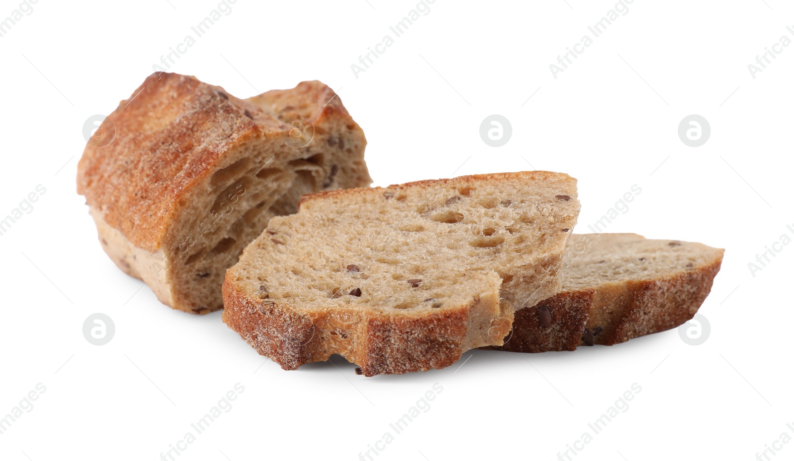 Photo of Pieces of fresh buckwheat baguette on white background