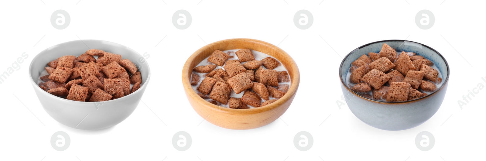 Image of Tasty corn pads with milk in bowls on white background, collage. Banner design