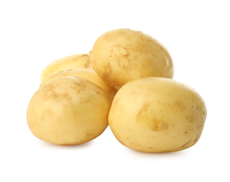 Photo of Fresh raw organic potatoes on white background