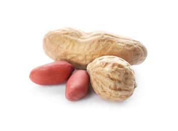 Raw peanuts on white background. Healthy snack