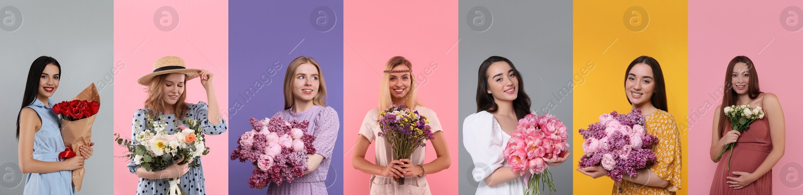 Image of Charming ladies with beautiful flowers on different colors backgrounds, collage. 8 March - Happy Women's Day