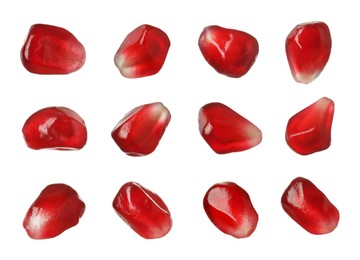 Image of Ripe juicy pomegranate seeds on white background, collage 