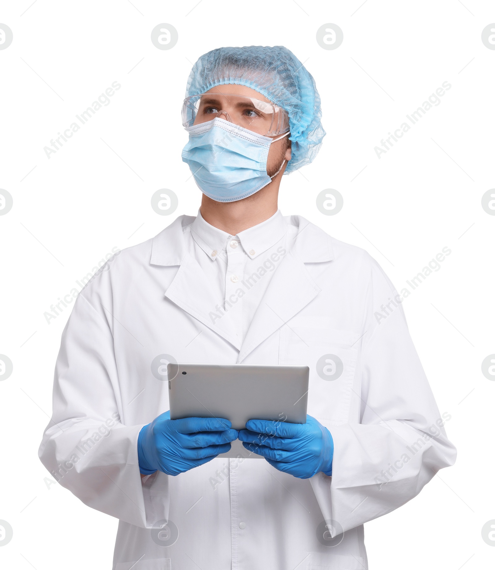 Photo of Quality control. Food inspector with tablet on white background