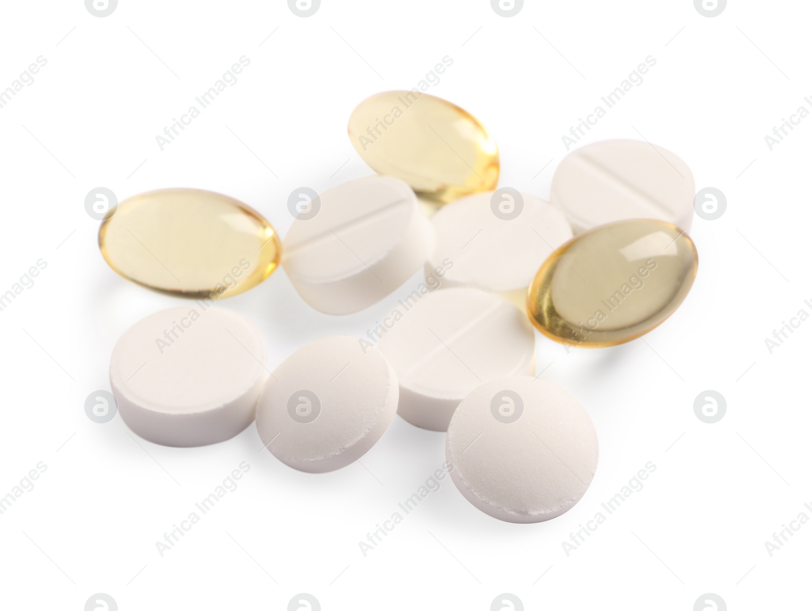 Photo of Many different pills isolated on white. Medicinal treatment