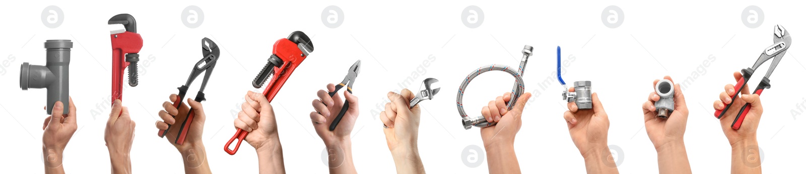 Image of Collage with photos of men holding different plumbing tools on white background. Banner design