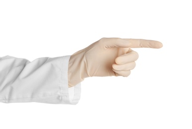 Photo of Doctor in medical glove pointing on white background