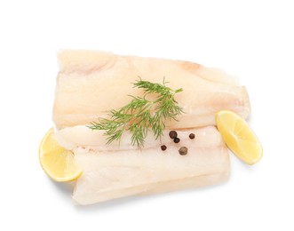 Photo of Pieces of raw cod fish, dill, peppercorns and lemon isolated on white, top view