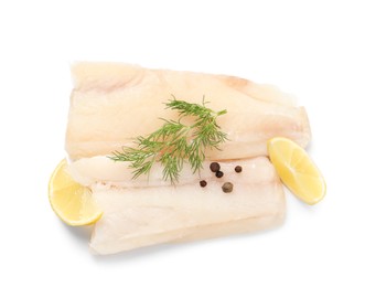 Pieces of raw cod fish, dill, peppercorns and lemon isolated on white, top view