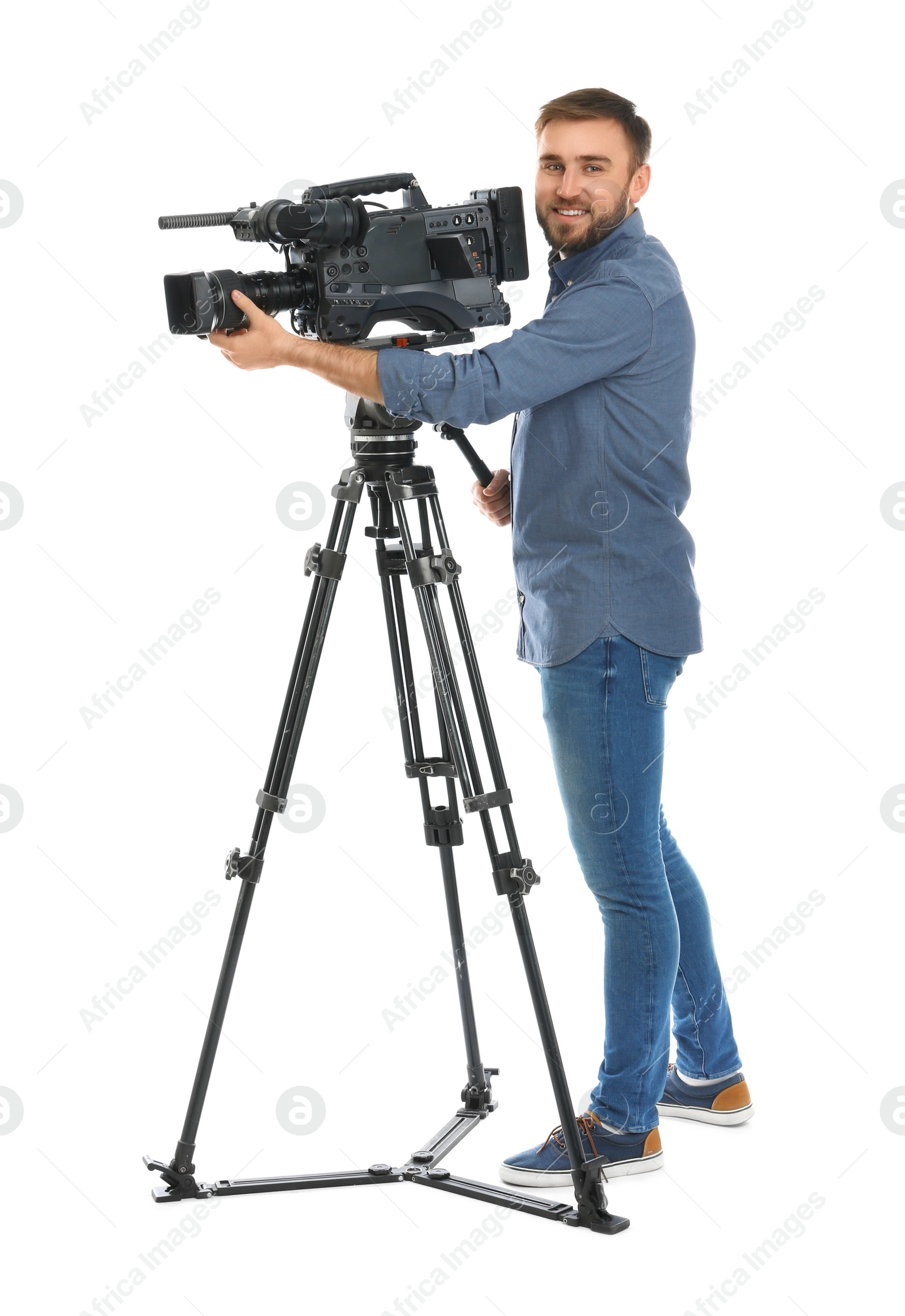 Photo of Operator with professional video camera on white background