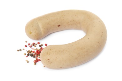 Photo of Delicious liverwurst with spices on white background