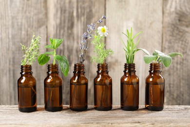 Bottles with essential oils and plants on wooden table