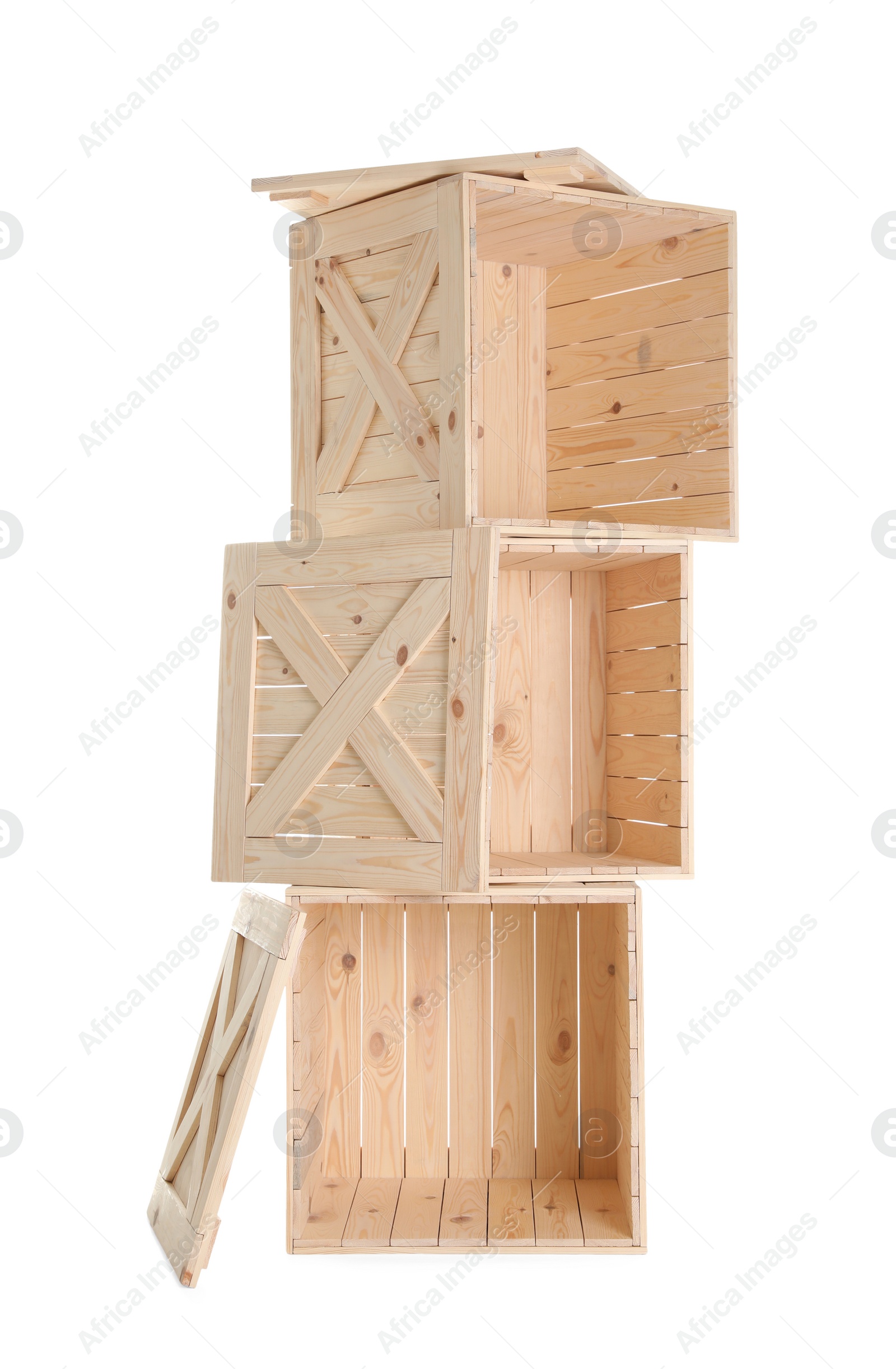 Photo of Group of wooden crates isolated on white