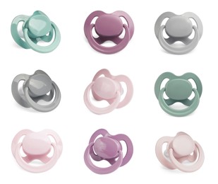 Image of Collage of baby pacifiers in different colors on white background
